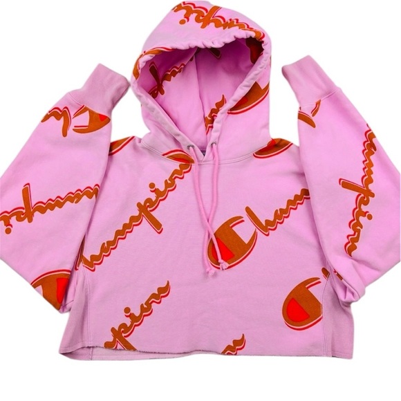 Champion Pink/Brown Thick Reverse Weave Cropped Pullover Hoodie Sweatshirt (M) - Picture 2 of 15